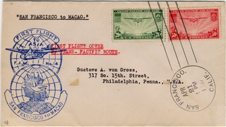 Image: airmail flight cover: Pan American Airways, FAM-14, first airmail flight, San Francisco - Macao route