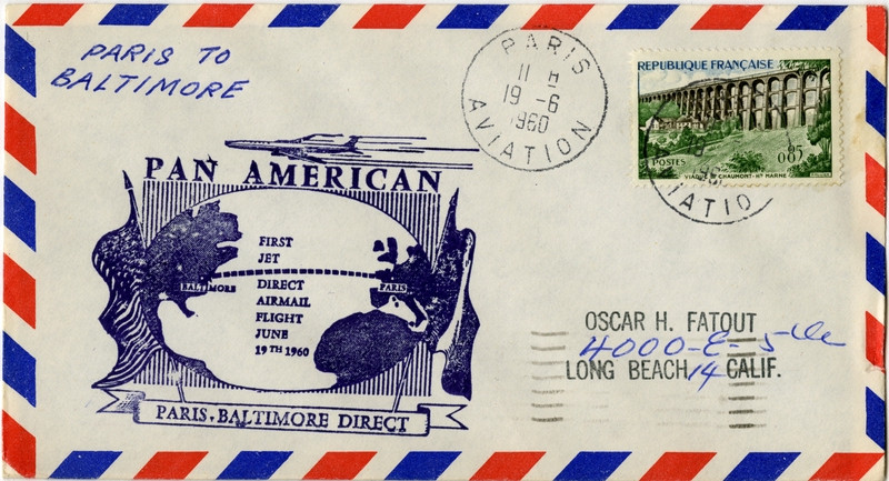 Image: airmail flight cover: Pan American World Airways, Paris - Baltimore route