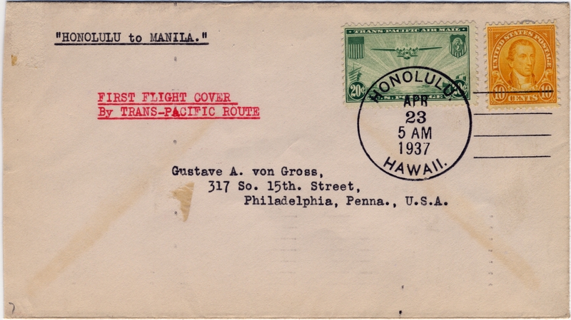 Image: airmail flight cover: Pan American Airways, first airmail flight, Honolulu - Manila route