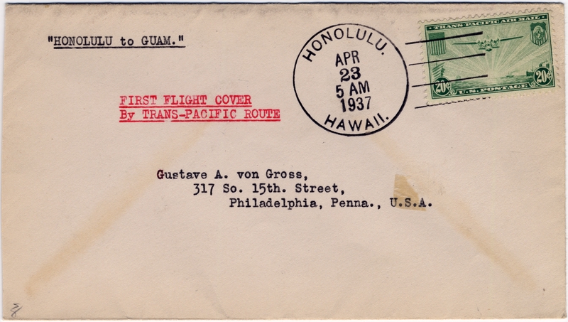 Image: airmail flight cover: Pan American Airways, first airmail flight, Honolulu - Guam route