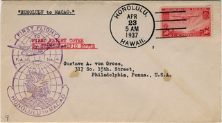 Image: airmail flight cover: Pan American Airways, FAM-14, first airmail flight, Honolulu - Macao route