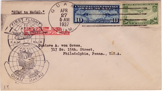 Image: airmail flight cover: Pan American Airways, FAM-14, first airmail flight, Guam - Macao route