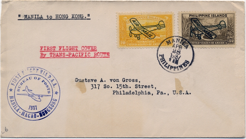 Image: airmail flight cover: Pan American Airways, first airmail flight, Manila - Hong Kong route
