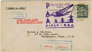 Image: airmail flight cover: Pan American Airways, first airmail flight, Macao - Guam route