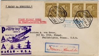 Image: airmail flight cover: Pan American Airways, first airmail flight, Macao - Honolulu route