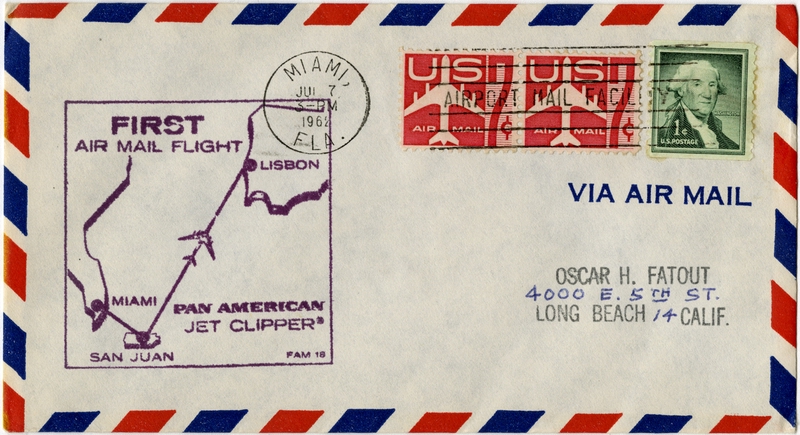Image: airmail flight cover: Pan American World Airways, Miami - San Juan - Lisbon route