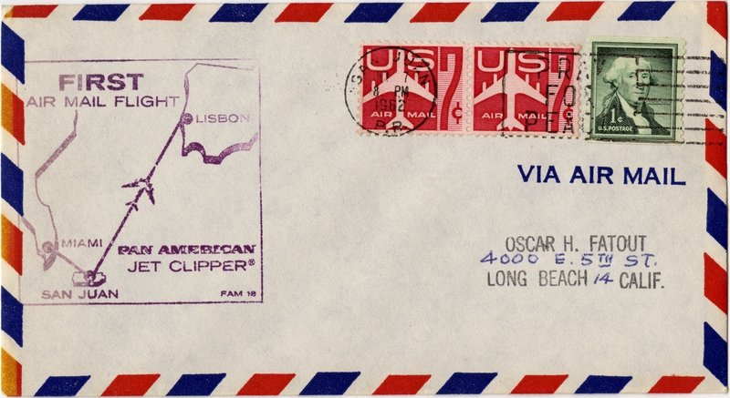 Image: airmail flight cover: Pan American World Airways, Miami - San Juan - Lisbon route