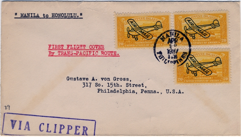 Image: airmail flight cover: Pan American Airways, first airmail flight, Manila - Honolulu route