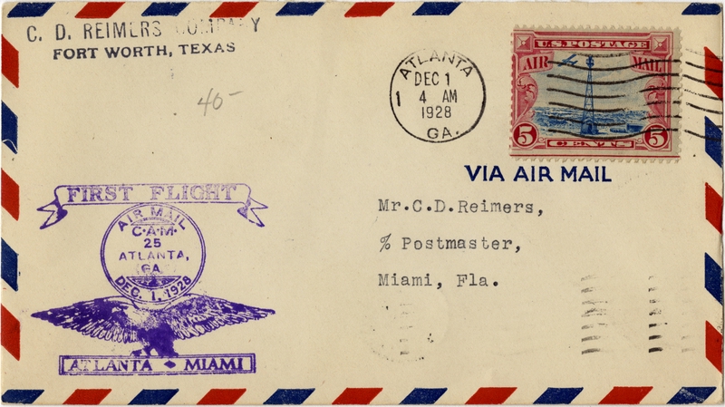 Image: airmail flight cover: CAM-25, Atlanta - Miami route