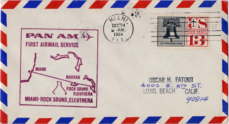 Image: airmail flight cover: Pan American World Airways, Miami - Rock Sound, Eleuthera