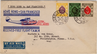 Image: airmail flight cover: Pan American Airways, FAM-14, first airmail flight, Hong Kong - San Francisco route