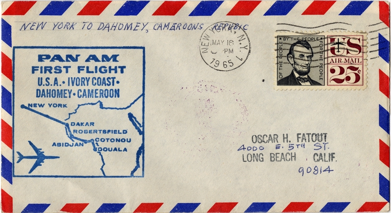 Image: airmail flight cover: Pan American World Airways, New York - Dahomey, Cameroon route