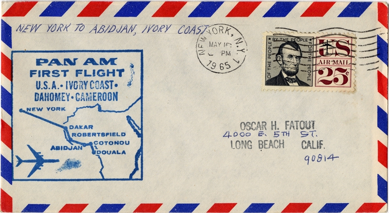 Image: airmail flight cover: Pan American World Airways, New York - Abidjan, Ivory Coast route
