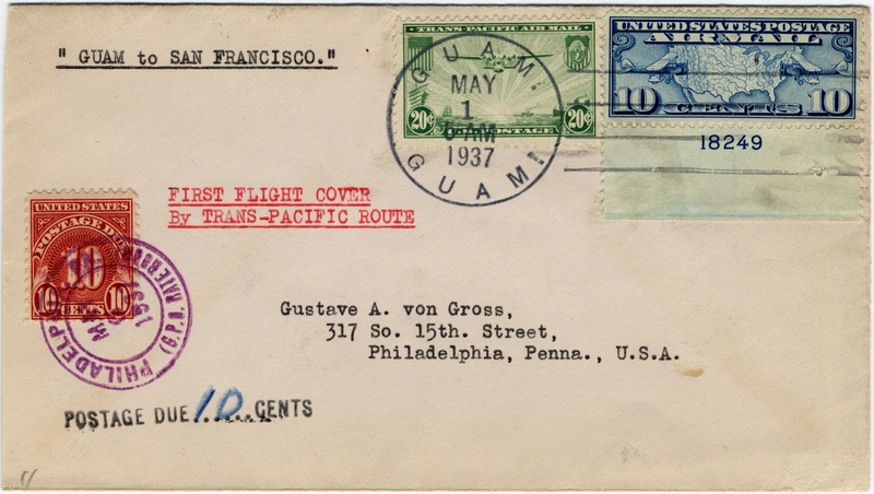 Image: airmail flight cover: Pan American Airways, first airmail flight, Guam - San Francisco route