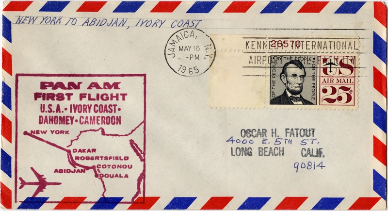 Image: airmail flight cover: Pan American World Airways, New York - Abidjan, Ivory Coast route