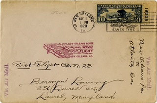 Image: airmail flight cover: First airmail flight, CAM-23, New Orleans - Athens, Georgia route
