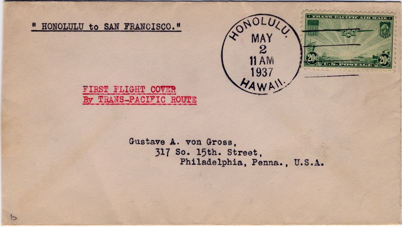 Image: airmail flight cover: Pan American Airways, first airmail flight, Honolulu - San Francisco route