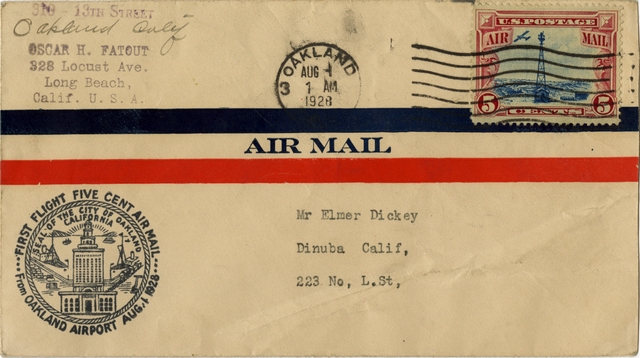 Airmail flight cover: First airmail flight, five-cent airmail, Oakland Airport