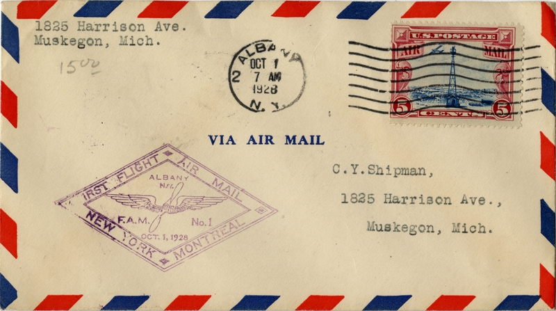 Image: airmail flight cover: FAM-1, first airmail flight, New York - Montreal route