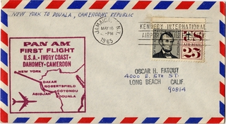 Image: airmail flight cover: Pan American World Airways, New York - Douala, Cameroon route