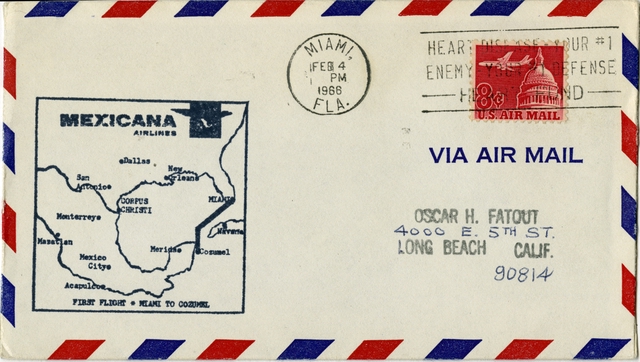 Airmail flight cover: Mexicana Airlines, Miami - Cozumel route