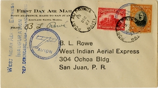 Image: airmail flight cover: West Indies Aerial Express, B. L. Rowe