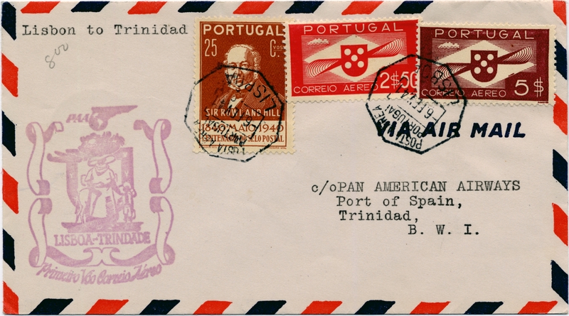 Image: airmail flight cover: Pan American Airways, first airmail flight, Lisbon - Port of Spain (Trinidad) route