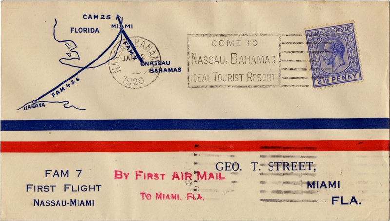 Image: airmail flight cover: FAM- 7, first airmail flight, Nassau - Miami route