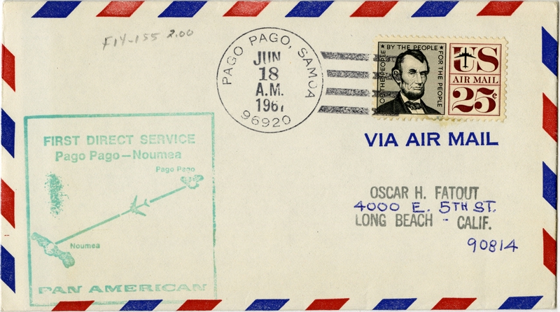 Image: airmail flight cover: Pan American World Airways, first direct service, Pago Pago (Samoa) - Noumea (New Caledonia) route