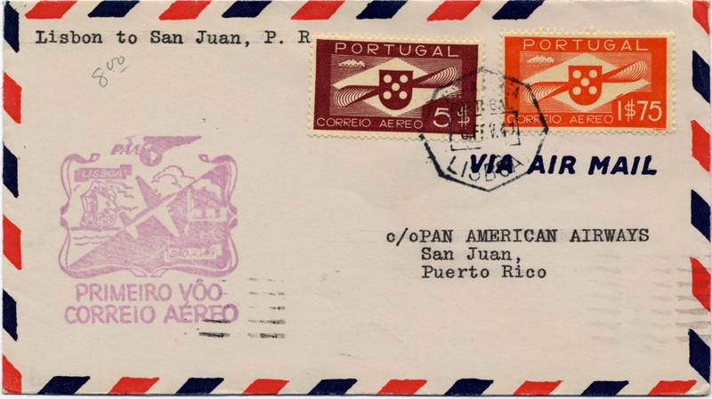 Image: airmail flight cover: Pan American Airways, first airmail flight, Lisbon - San Juan route