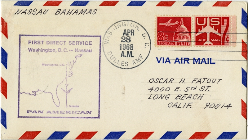 Image: airmail flight cover: Pan American World Airways, Washington, DC - Nassau route