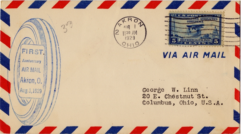 Image: airmail flight cover: First Anniversary Air Mail, Akron, Ohio