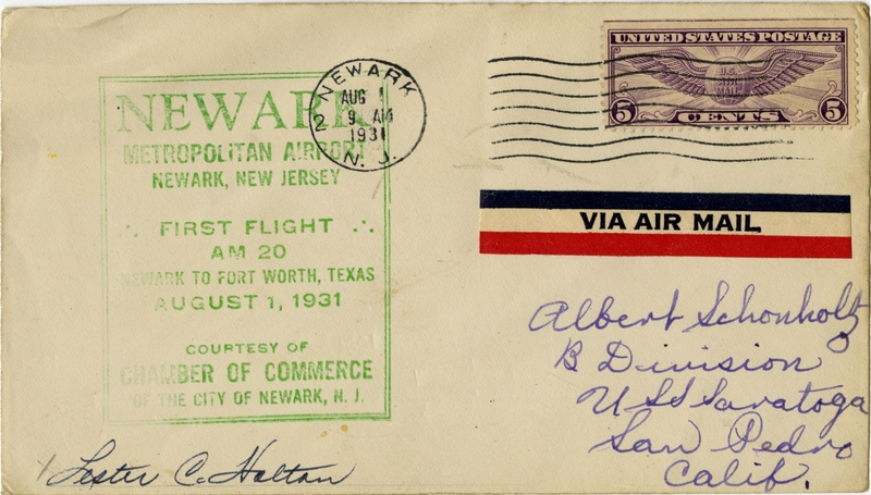 Image: airmail flight cover: First airmail flight, AM-20, Newark Metropolitan Airport, New Jersey