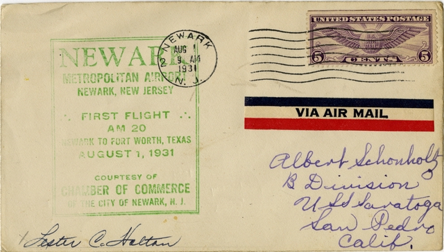 Airmail flight cover: First airmail flight, AM-20, Newark Metropolitan Airport, New Jersey