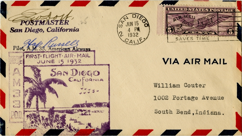 Image: airmail flight cover: American Airways, first airmail flight, AM-33, San Diego