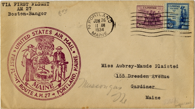 Image: airmail flight cover: First airmail flight, AM-27, Portland, Maine