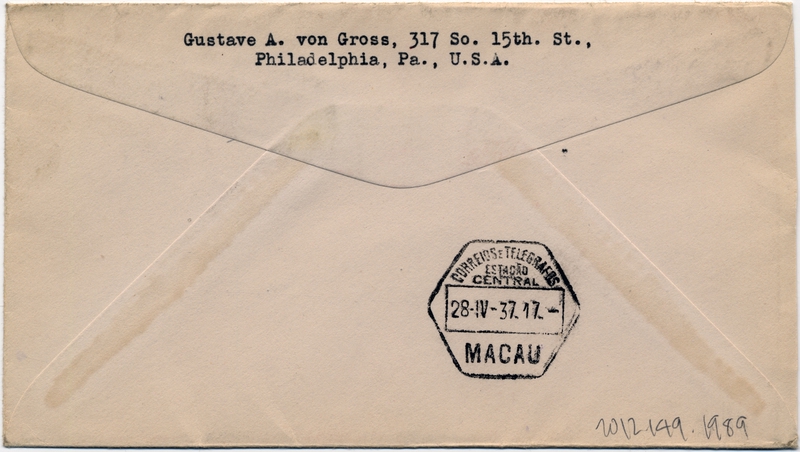 Image: airmail flight cover: Pan American Airways, first airmail flight, Manila - Macao route