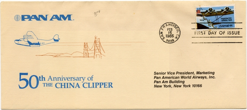 Image: airmail flight cover: Pan American World Airways, China Clipper 50th Anniversary
