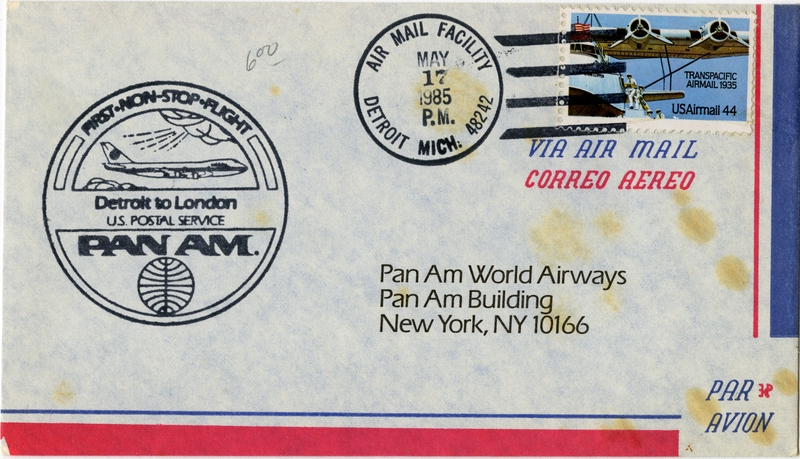 Image: airmail flight cover: Pan American World Airways, Detroit - London route