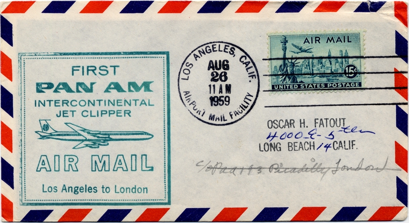 Image: airmail flight cover: Pan American World Airways, Los Angeles - London route