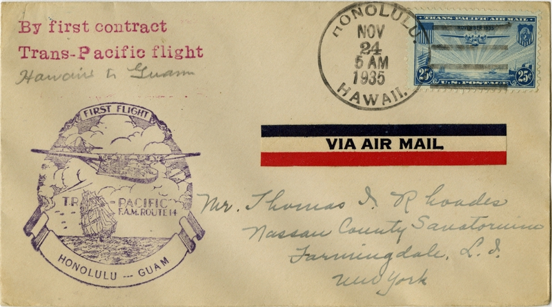 Image: airmail flight cover: Pan American Airways, FAM-14, first transpacific airmail flight, Honolulu - Guam route