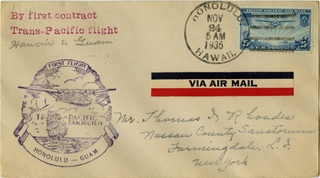 Image: airmail flight cover: Pan American Airways, FAM-14, first transpacific airmail flight, Honolulu - Guam route