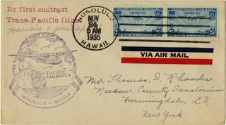 Image: airmail flight cover: Pan American Airways, FAM-14, first transpacific airmail flight, Honolulu - Manila route