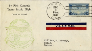 Image: airmail flight cover: Pan American Airways, FAM-14, first transpacific airmail flight, Guam - Honolulu route