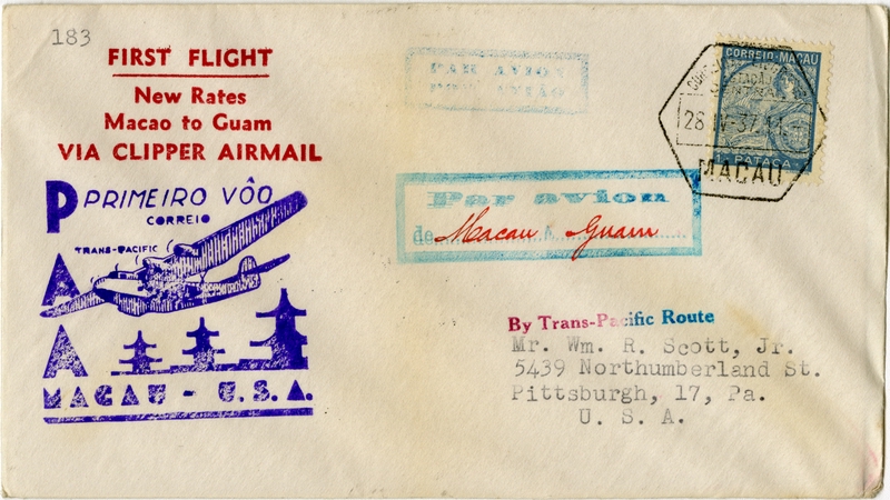 Image: airmail flight cover: Pan American Airways, first airmail flight, Macao - Guam route