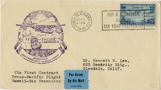 Image: airmail flight cover: Pan American Airways, FAM-14, first transpacific airmail flight, Honolulu - San Francisco route