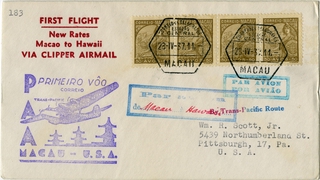 Image: airmail flight cover: Pan American Airways, first airmail flight, Macao - Hawaii route
