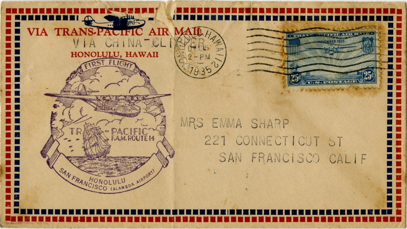 Image: airmail flight cover: Pan American Airways, FAM-14, first transpacific airmail flight, Honolulu - San Francisco route