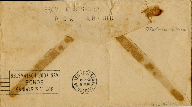 Image: airmail flight cover: Pan American Airways, FAM-14, first transpacific airmail flight, Honolulu - San Francisco route