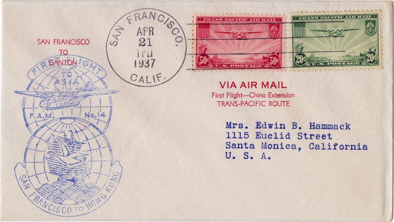 Image: airmail flight cover: FAM-14, first scheduled airmail flight, San Francisco - Hong Kong route